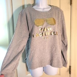 Karl Lagerfeld Large Gold Sunglasses Graphic Gray Sweatshirt Top Pullover